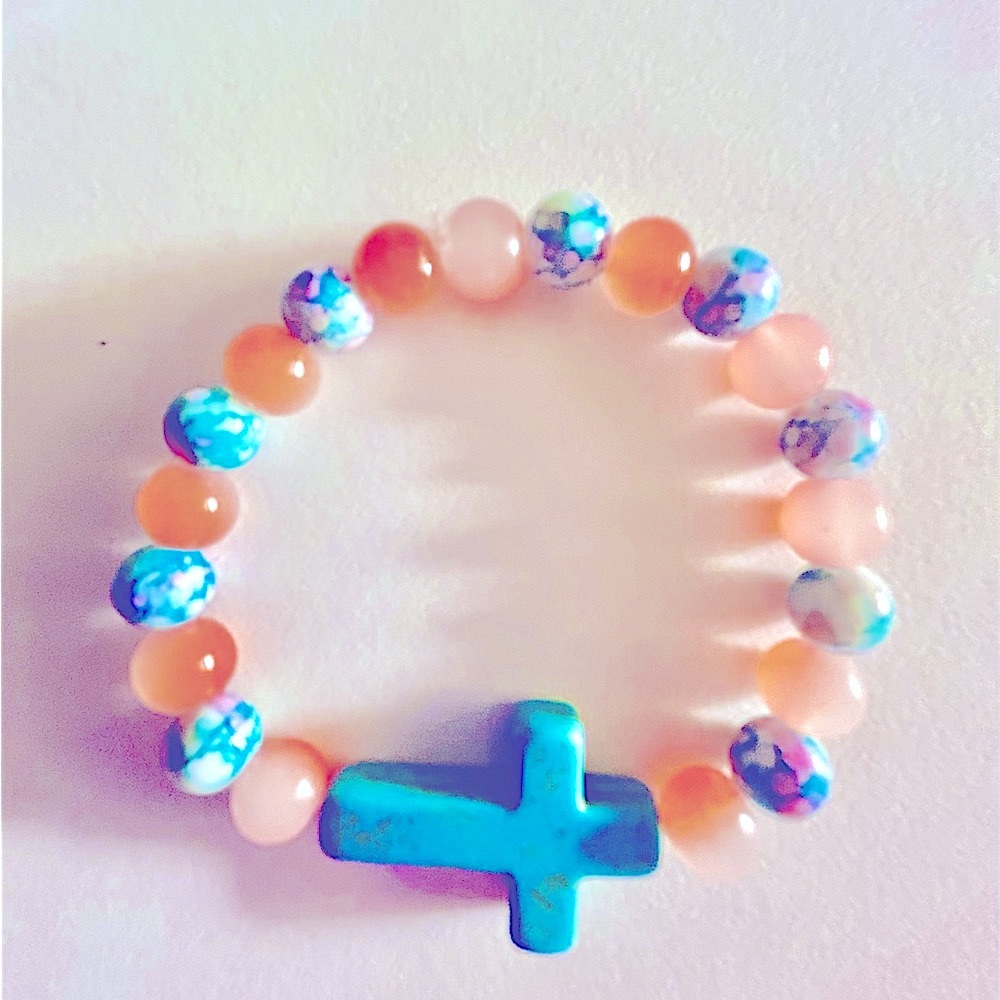 Turquiose color bracelet, Howlite Cross, with peach & aqua  beads, stretch